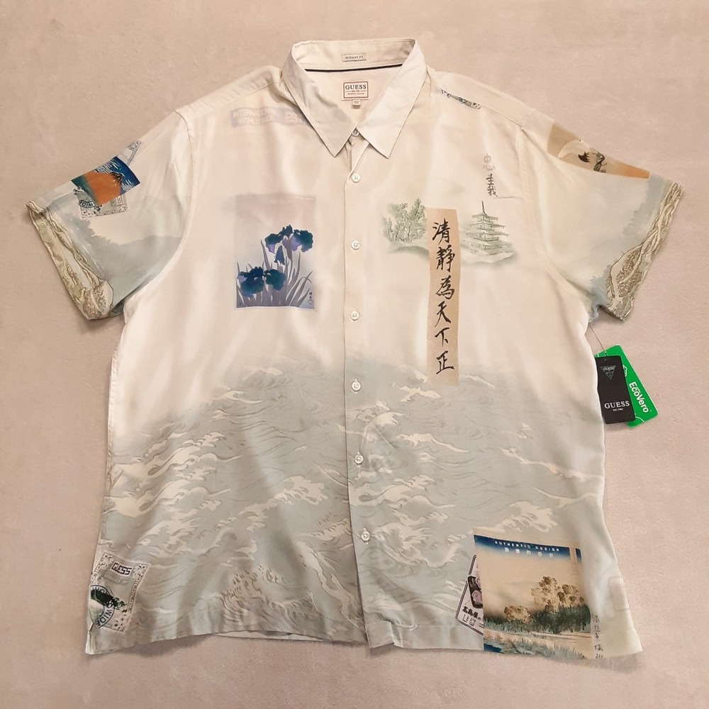 GUESS Men's Pacific Daydream Printed SS Shirt 2XL Reg Fit Ecovero Viscose